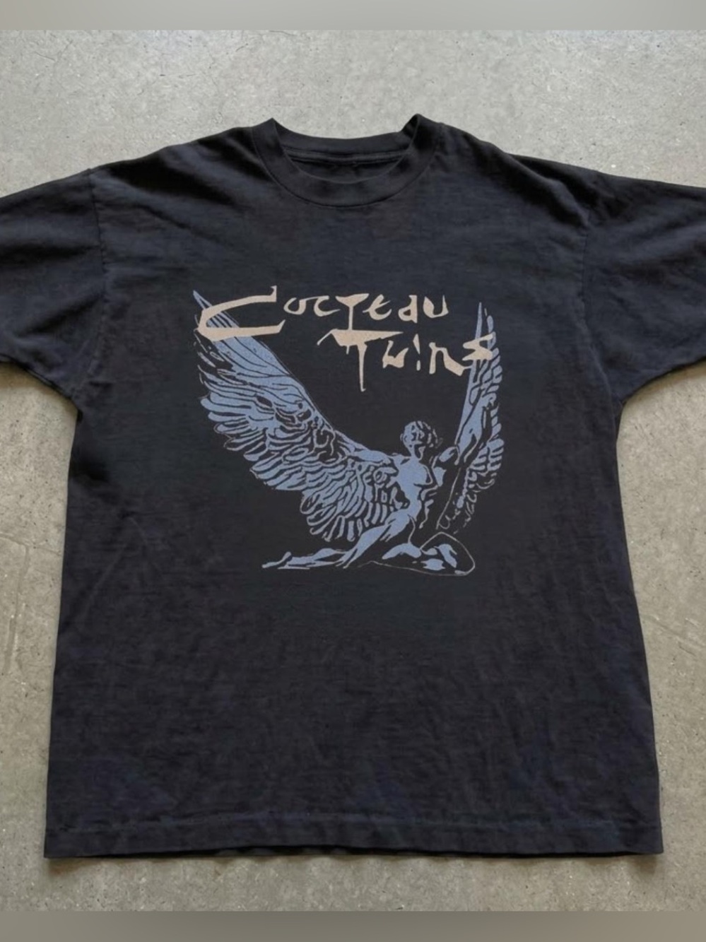 Gildan Black Cocteau Twins Graphic Tee with Pale Blue & Cream Angel Motif